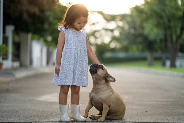 Een Schattig Aziatisch Klein Meisje Spelen Met Haar Hond Outdoor — Stockfoto