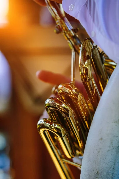 Primer Plano Vertical Una Mano Tocando Instrumento Bronce — Foto de Stock