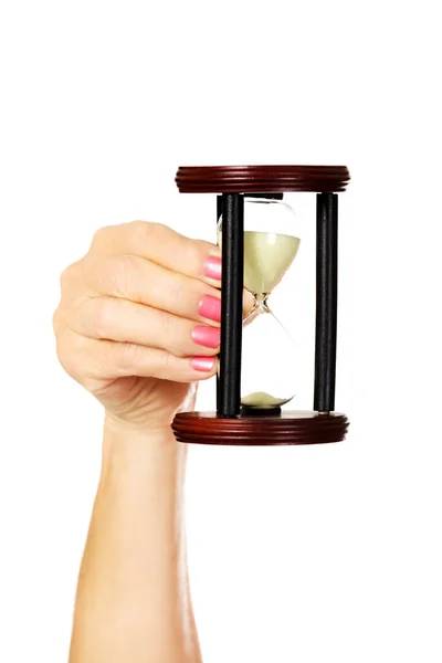 Closeup Shot Female Hand Holding Vintage Hourglass Isolated White Stock Picture