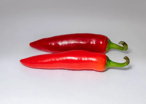 Detailní Záběr Dvě Červené Chilli Papričky Bílém Pozadí — Stock fotografie