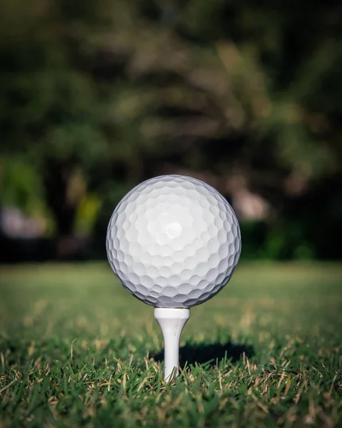 Detailní Záběr Bílý Golfový Míček Odpališti Rozmazaném Zeleném Pozadí — Stock fotografie