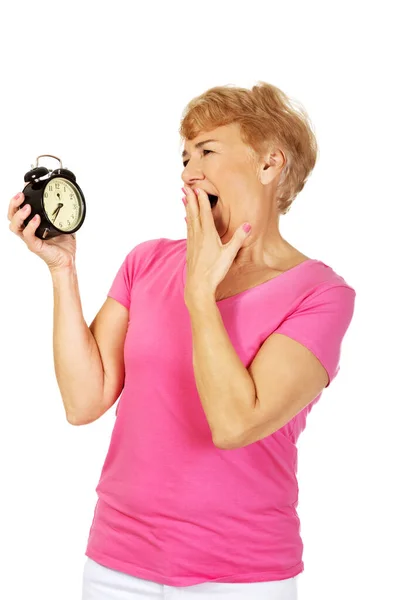 Portrait Old Polish Woman Laughing While Looking Her Black Alarm — Stock Photo, Image