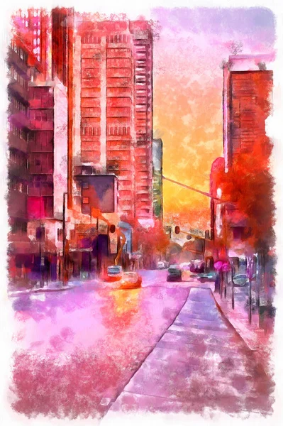 Vertical Digital Watercolor Painting Pink Urban City Sunset White Border — Stock Photo, Image