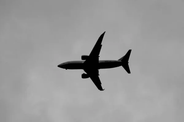 Düşük Açılı Gri Tonda Gökyüzünde Uçan Bir Uçağın Görüntüsü — Stok fotoğraf