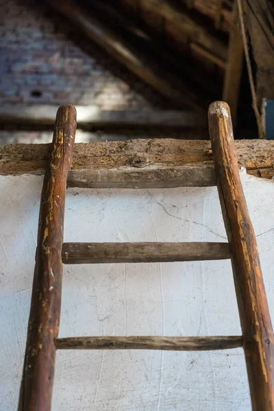 一道垂直的木制楼梯斜靠在墙上 — 图库照片