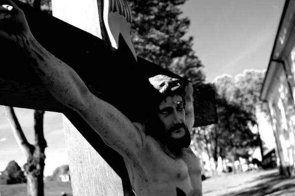 Tiro Tons Cinza Fragmento Crucificação Livre Escultura Jesus — Fotografia de Stock