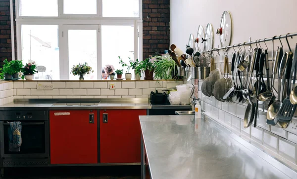 Kitchen Interior Design Brick Tiled Walls Kitchen Utensils Hanging Metal — Stock Photo, Image