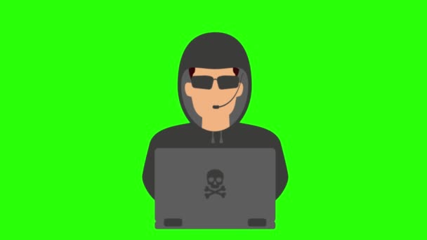 Yeşil Arkaplanda Dizüstü Bilgisayar Simgesi Olan Bir Hacker — Stok video