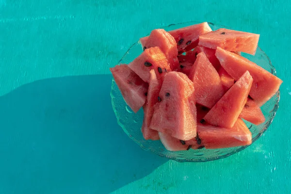 Top View Watermelon Cut Pieces Glass Plate Blue Background — Stock Photo, Image