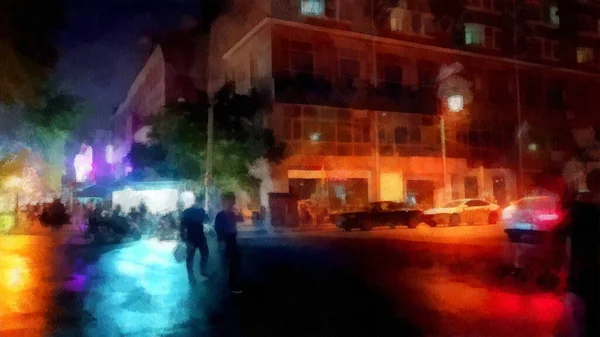 Uma Pintura Aquarela Digital Uma Cidade Colorida Vibrante Durante Noite — Fotografia de Stock