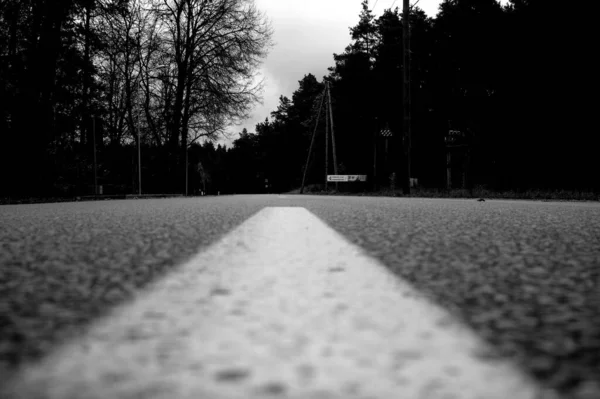 Low Angle Greyscale View Lines Drawn Asphalt — Stock Photo, Image