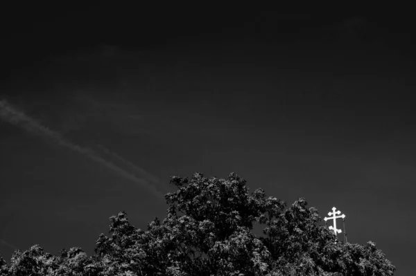 Una Vista Una Cruz Ortodoxa Detrás Del Exuberante Árbol Fondo —  Fotos de Stock