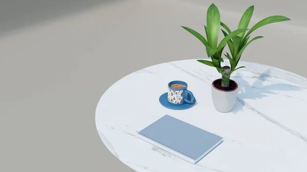 Uma Renderização Uma Mesa Café Com Uma Planta Verde Vibrante — Fotografia de Stock