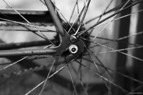 Grayscale Shot Wheel Detail Thin Metal Spikes — Stock Photo, Image