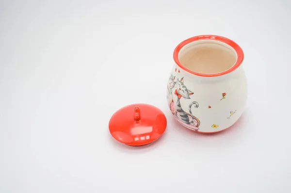 Pequeño Recipiente Cerámica Blanca Roja Con Tapa Para Café Azúcar —  Fotos de Stock