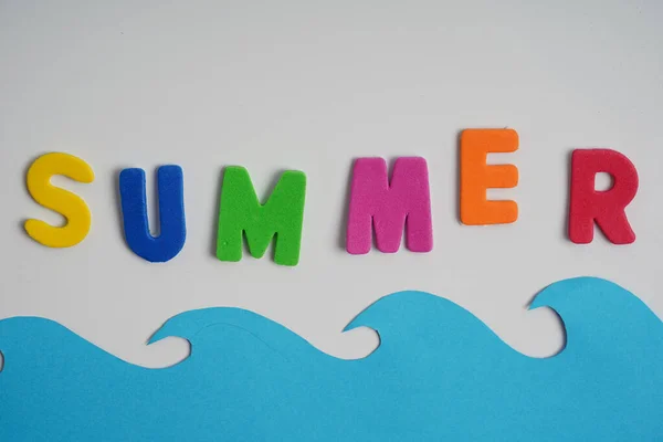 Word Summer Written Colored Alphabets White Background Concept Water Vacation — Stock Photo, Image