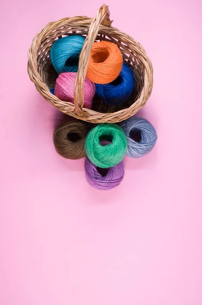 Pile Colorful Textile Balls Wool Wicker Basket Pink Background Copy — Stock Photo, Image