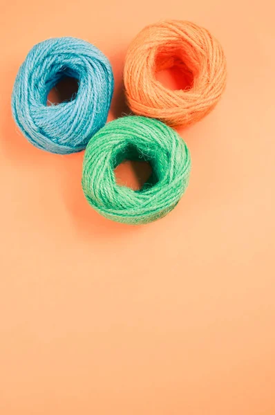 Closeup Shot Soft Colorful Textile Balls Wool Orange Background Copy — Stock Photo, Image