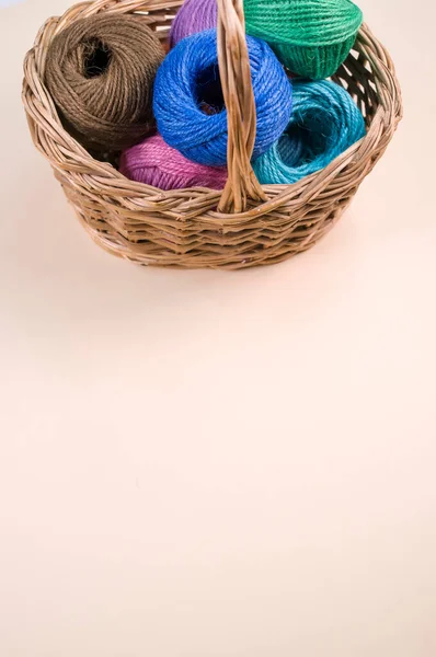Pile Colorful Textile Balls Wool Wicker Basket Brown Background Copy — Stock Photo, Image