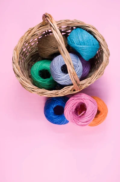 Pile Colorful Textile Balls Wool Wicker Basket Pink Background Copy — Stock Photo, Image