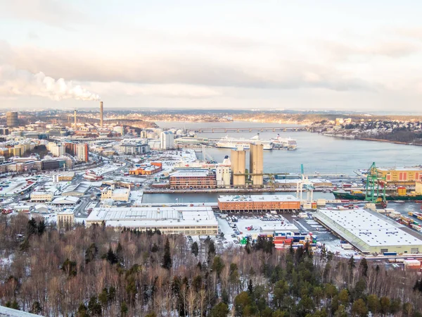 Vzdušný Výhled Krásné Zasněžené Město Stockholm Pod Zataženou Oblohou Švédsku — Stock fotografie