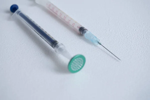 Closeup Shot Two Syringes White Surface — Stock Photo, Image