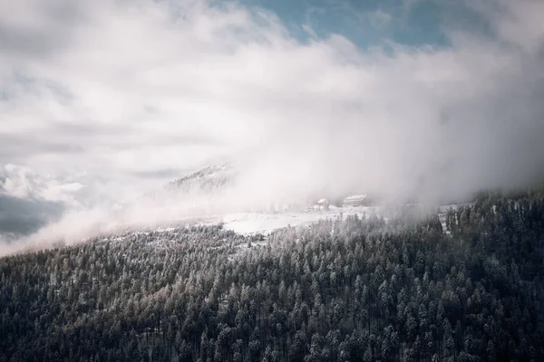 Una Vista Aérea Las Montañas Cubiertas Bosques Bajo Cielo Azul — Foto de Stock