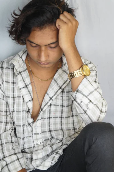 Vertical Shot Indian Young Male Sitting Sad Melancholic Face — 스톡 사진