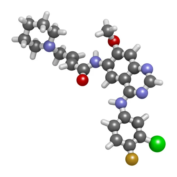 Dacomitinib癌症药物分子 Egfr抑制剂 3D渲染 原子被表示为具有常规颜色编码的球体 — 图库照片