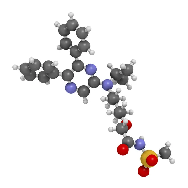 Selexipag肺动脉高压药物分子 3D渲染 原子被表示为具有常规颜色编码的球体 — 图库照片