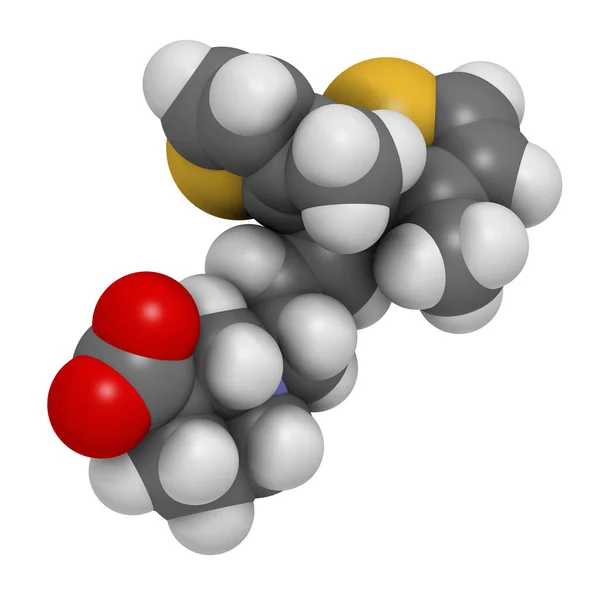 Tiagabine癫痫药物分子 3D渲染 原子被表示为具有常规颜色编码的球体 — 图库照片