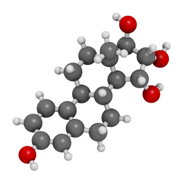 天然エストロゲンホルモン分子をエストロールします 3Dレンダリング 原子は従来のカラーコーディングを持つ球として表されます — ストック写真
