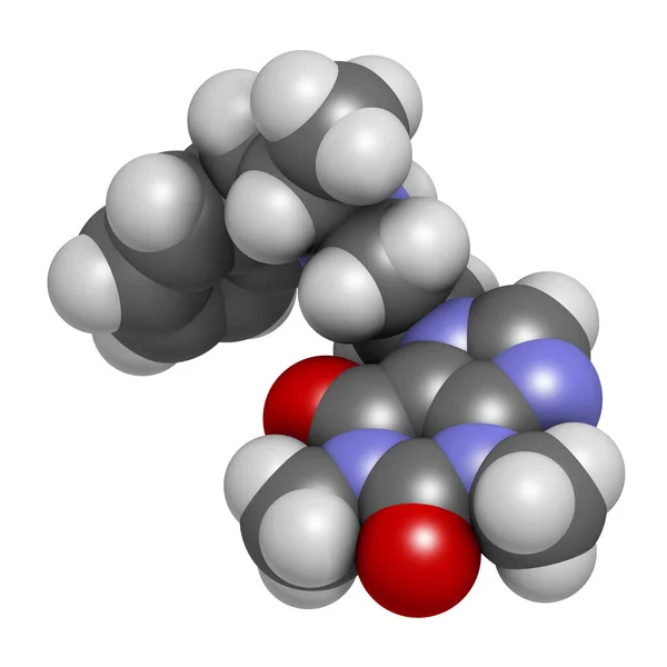 Fenetylline Fenethylline Stimulerend Geneesmiddelmolecuul Weergave Atomen Worden Weergegeven Als Bollen — Stockfoto