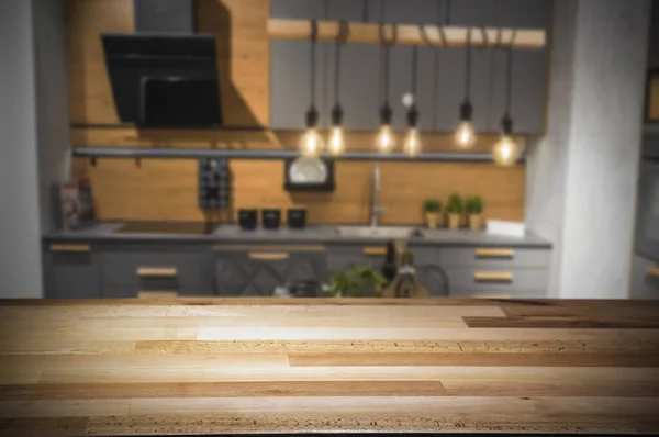 Houten Tafel Moderne Keuken Achtergrond Klaar Voor Product Voedsel Display — Stockfoto