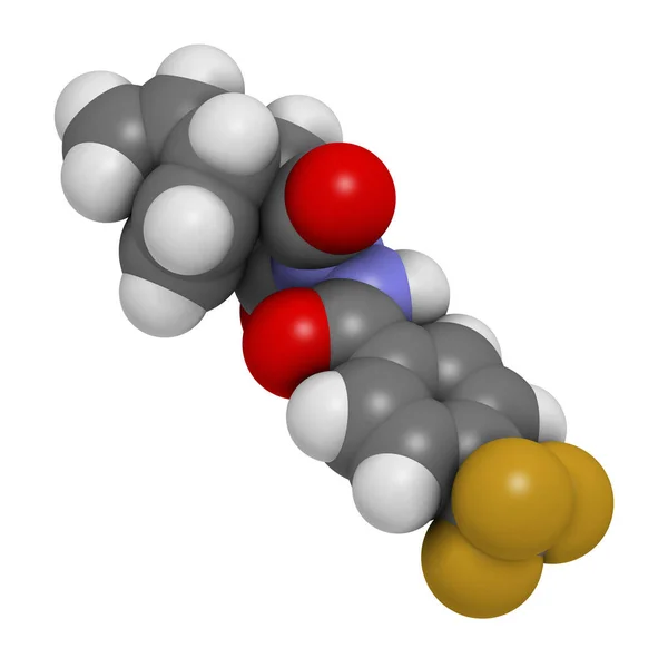 Tecovirimat抗病毒药物分子 3D渲染 原子被表示为具有常规颜色编码的球体 — 图库照片