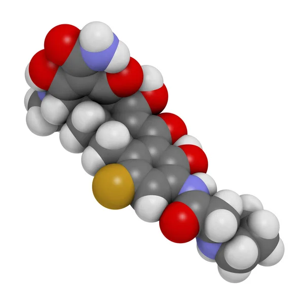 エラバサイクリン系抗生物質薬分子 テトラサイクリン系 3Dレンダリング 原子は従来のカラーコーディングを持つ球として表されます — ストック写真