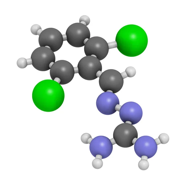 Guanabenz Αντιυπερτασικό Μόριο Φαρμάκου Απόδοση Άτομα Εκπροσωπούνται Σφαίρες Συμβατικό Χρωματικό — Φωτογραφία Αρχείου