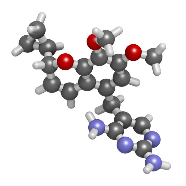 Iclaprim Antibiotica Molecuul Weergave Atomen Worden Weergegeven Als Bollen Met — Stockfoto