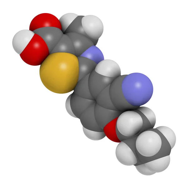 Febuxostat Xanthy Oxidase Inhibitor 배출한다 렌더링 원자는구 표현되어 있습니다 — 스톡 사진