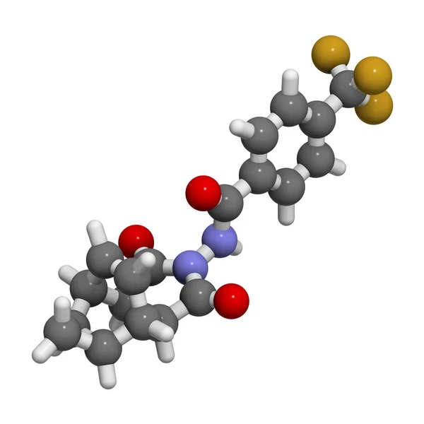 Tecovirimat抗病毒药物分子 3D渲染 原子被表示为具有常规颜色编码的球体 — 图库照片