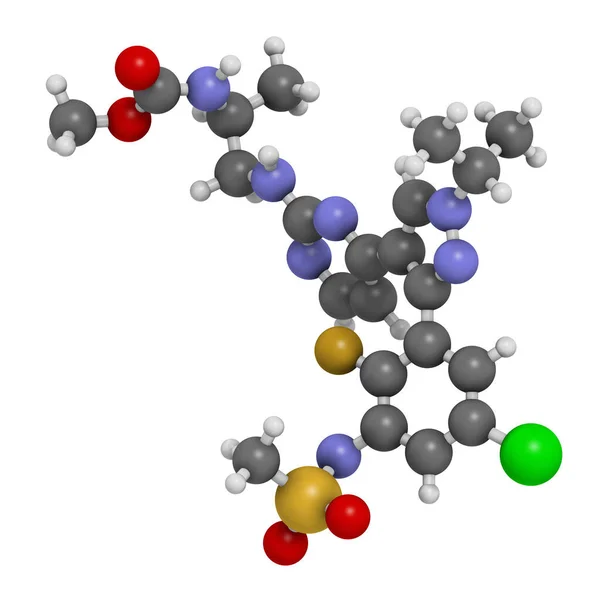 Encorafenib Μόριο Φαρμάκου Μελανώματος Απόδοση Άτομα Εκπροσωπούνται Σφαίρες Συμβατικό Χρωματικό — Φωτογραφία Αρχείου