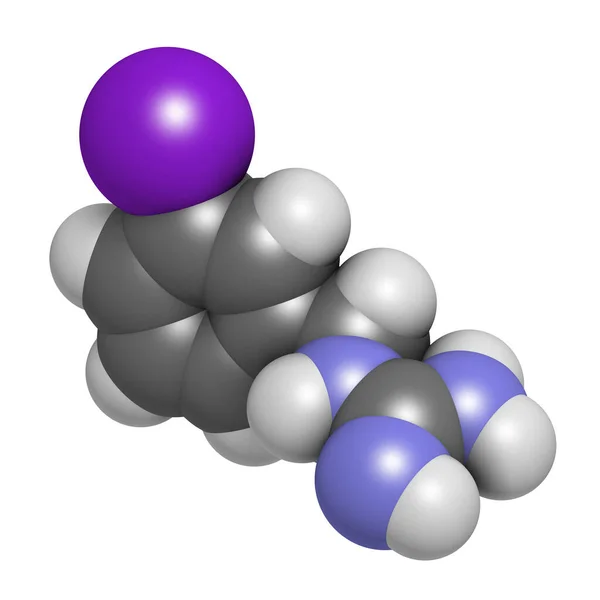 Iobenguane 131癌症药物分子 放射性药物 3D渲染 原子被表示为具有常规颜色编码的球体 — 图库照片