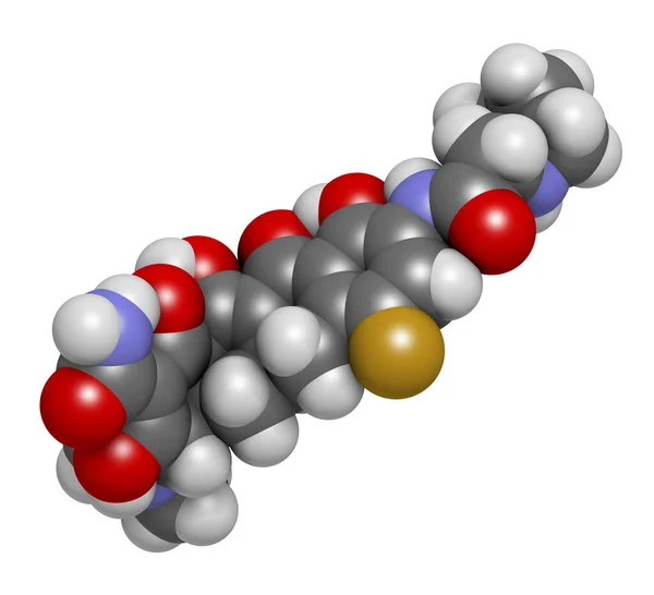 Eravacycline Antibiyotik Molekülü Tetrasiklin Sınıfı Boyutlu Görüntüleme Atomlar Geleneksel Renk — Stok fotoğraf