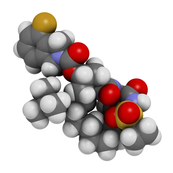 Danoprevir丙型肝炎抗病毒药物分子 3D渲染 原子被表示为具有常规颜色编码的球体 — 图库照片