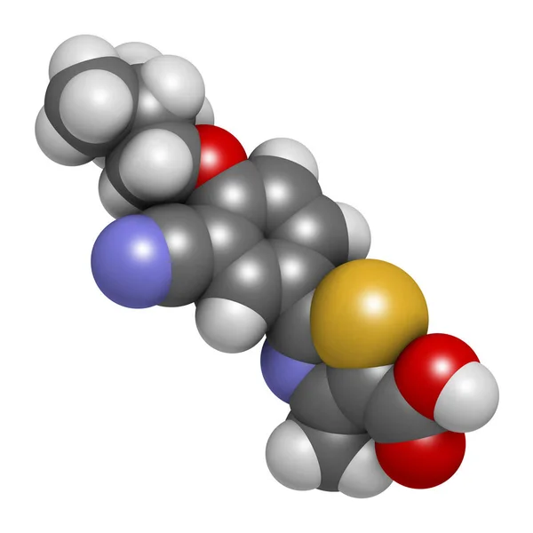 Molécula Fármaco Gota Febuxostat Inhibidor Xantina Oxidasa Representación Los Átomos — Foto de Stock