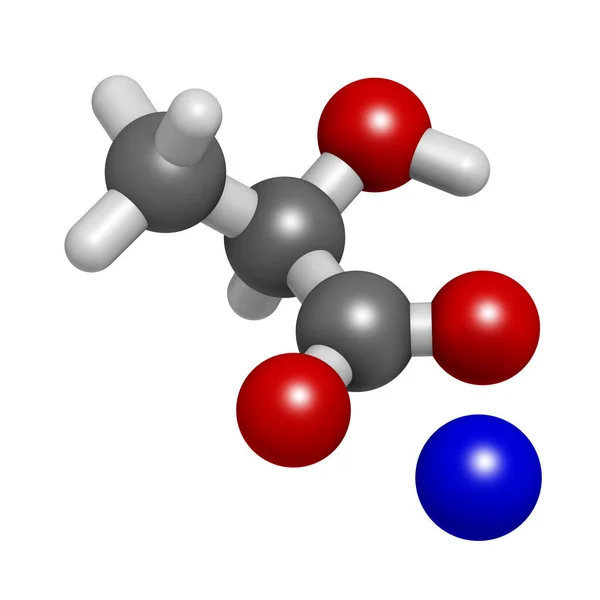 乳酸钠 化学结构 3D渲染 原子被表示为具有常规颜色编码的球体 — 图库照片