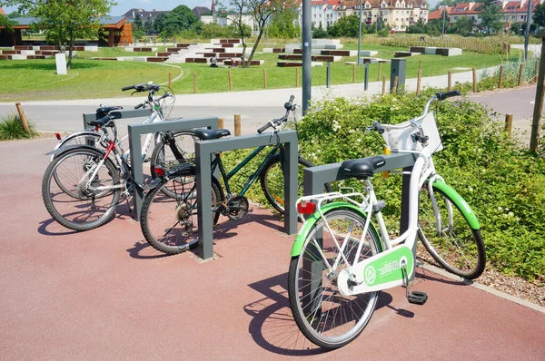 Poznan Pologne Juil 2017 Une Rangée Vélos Verrouillés Dans Parc — Photo