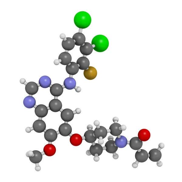 Poziotinib癌症药物分子 3D渲染 原子被表示为具有常规颜色编码的球体 — 图库照片