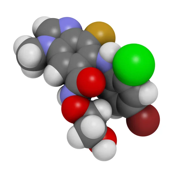 Cząsteczka Leku Raka Selumetynibu Inhibitor Mek1 Mek2 Renderowanie Atomy Reprezentowane — Zdjęcie stockowe