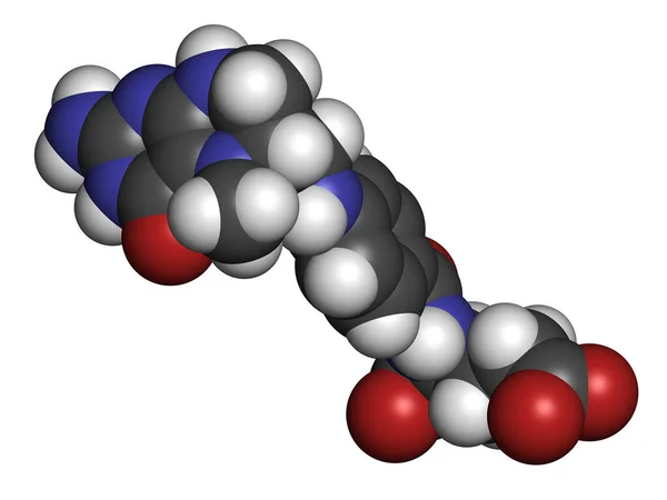 レボメフォリック酸または5 メチルテトラヒドロ葉酸分子 3Dレンダリング 原子は従来のカラーコーディングを持つ球として表されます — ストック写真